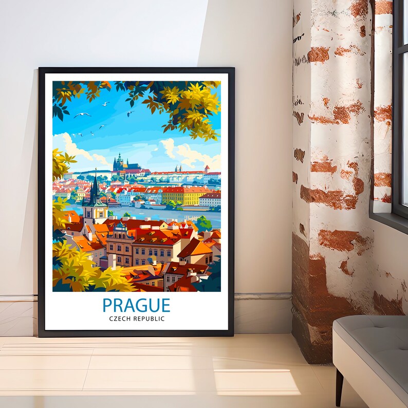 May include: A colorful illustration of Prague, Czech Republic, with the text "Prague, Czech Republic" at the bottom. The image shows a cityscape with buildings, a river, and trees.