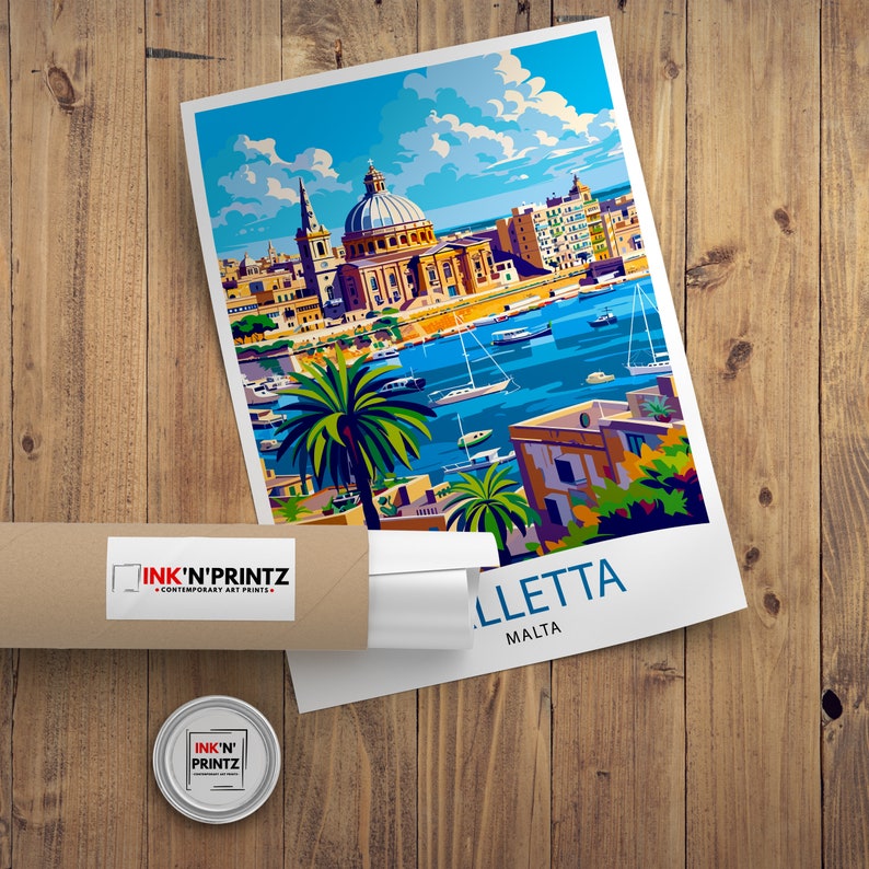 May include: A colorful illustration of Valletta, Malta, featuring a large church with a dome, surrounded by buildings and a harbor with boats. The text "Valletta Malta" is at the bottom of the image.