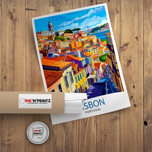 May include: A colorful illustration of Lisbon, Portugal, with a view of the city's rooftops and a bridge in the distance. The text "LISBON PORTUGAL" is printed at the bottom of the image.
