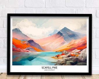 Scafell Pike Travel Print  Lake District Wall Art Scafell Pike Illustration England Travel Poster Gift for Hikers Mountain Wall Decor