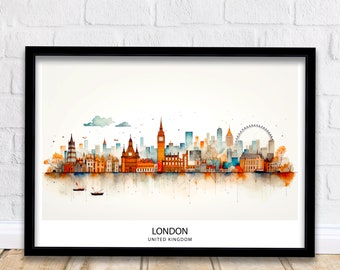 London Skyline Print Iconic Cityscape Art London Landmarks Poster England Capital Wall Decor Thames River View Illustration Urban Metropolis