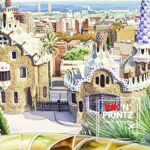 May include: Watercolor painting of Park G&uuml;ell in Barcelona, Spain. The image features the iconic architecture with colorful mosaic tile roofs and a cityscape in the background. The artwork is signed "INK N' PRINTZ".
