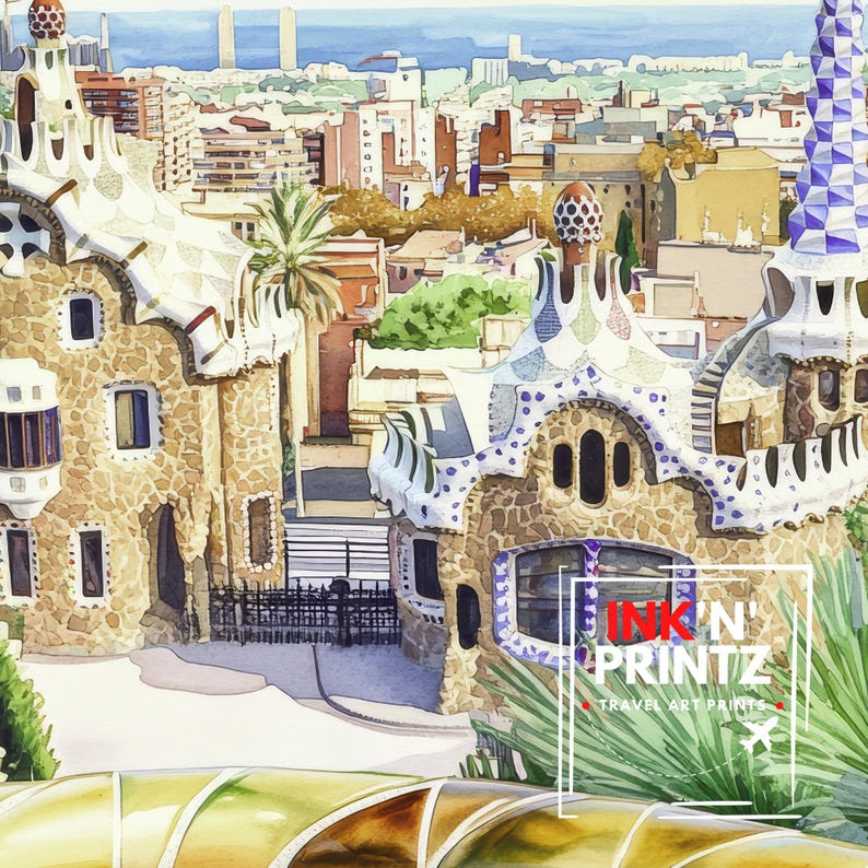 May include: Watercolor painting of Park G&uuml;ell in Barcelona, Spain. The image features the iconic architecture with colorful mosaic tile roofs and a cityscape in the background. The artwork is signed "INK N' PRINTZ".