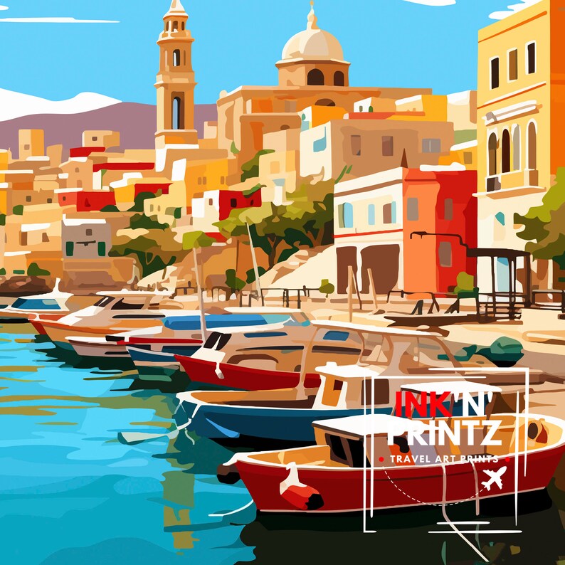 May include: A colorful illustration of a Mediterranean town with a harbor full of boats. The boats are red, blue, and white. The town is built on a hillside and has many colorful buildings. The sky is blue and there are white clouds. The text "INK'N' PRINTZ TRAVEL ART PRINTS" is in the lower right corner of the image.