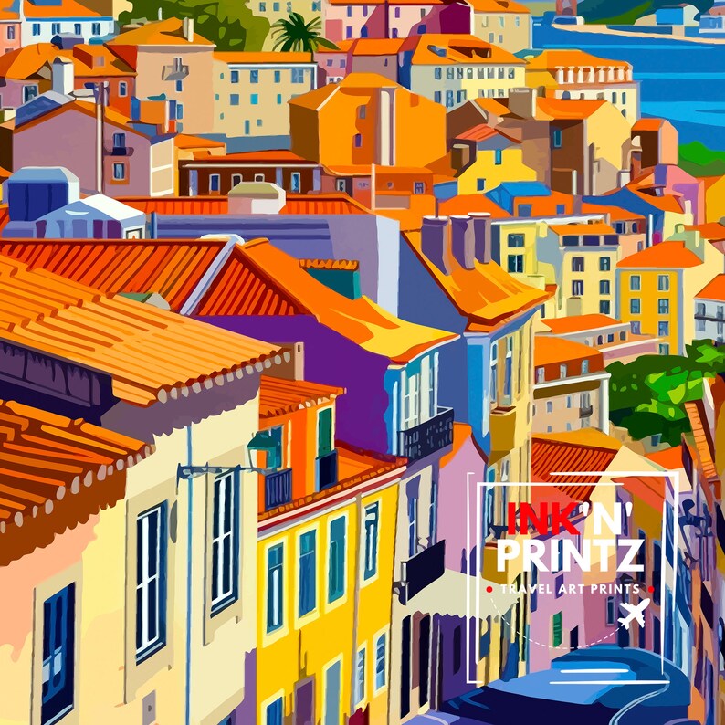 May include: A colorful illustration of a cityscape with buildings in shades of orange, yellow, blue, and purple. The buildings are clustered together in a dense urban setting. The text "INK'N' PRINTZ TRAVEL ART PRINTS" is visible in the lower right corner of the image.