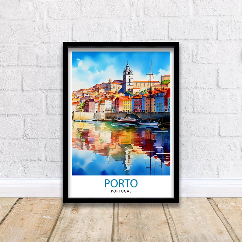 May include: A watercolor painting of the city of Porto, Portugal. The painting depicts colorful buildings lining the waterfront with boats docked in the water. The reflection of the buildings and boats can be seen in the water. The text "PORTO" and "PORTUGAL" is written in blue at the bottom of the painting.
