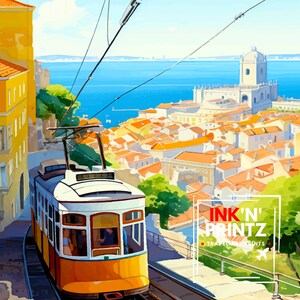 May include: A yellow and white tram travels up a hill in a city with a view of the ocean and a large building in the distance. The tram is on a track and has a white roof and windows. The city is made up of many buildings with orange roofs. The text "INK'N' PRINTZ" is in the lower right corner of the image.