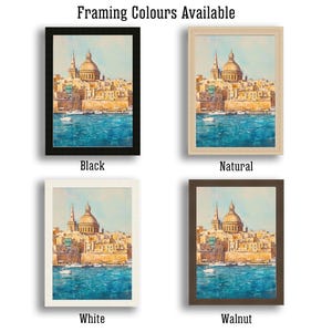 May include: Framed art prints showcasing a watercolor painting of a coastal city with a large domed structure. Available in black, natural, white, and walnut frames. The artwork depicts buildings, boats, and a vibrant blue sea under a clear sky.