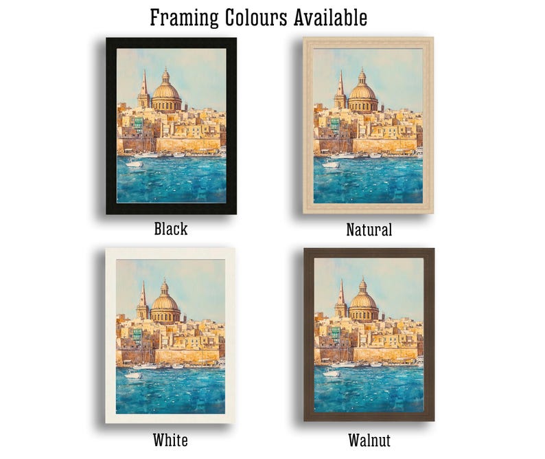 May include: Framed art prints showcasing a watercolor painting of a coastal city with a large domed structure. Available in black, natural, white, and walnut frames. The artwork depicts buildings, boats, and a vibrant blue sea under a clear sky.