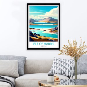 May include: A vintage travel poster featuring a scenic view of the Isle of Harris in Scotland. The poster has a blue and green color scheme and features a body of water with a sandy beach and mountains in the background. The text "Isle of Harris, Scotland" is printed at the bottom of the poster.