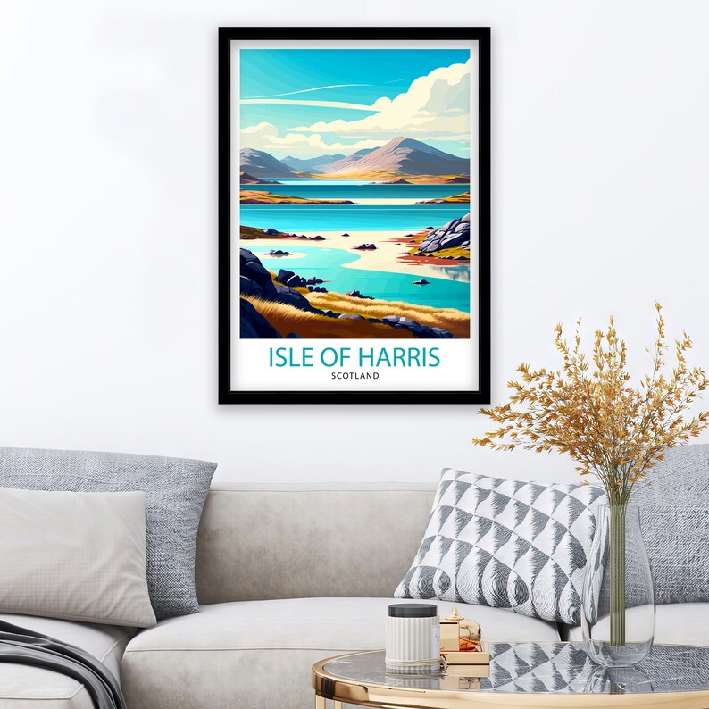 May include: A vintage travel poster featuring a scenic view of the Isle of Harris in Scotland. The poster has a blue and green color scheme and features a body of water with a sandy beach and mountains in the background. The text "Isle of Harris, Scotland" is printed at the bottom of the poster.