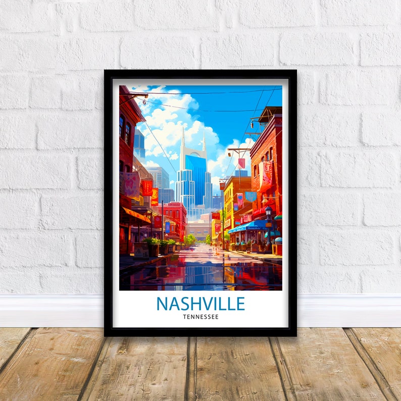 May include: A colorful illustration of a street scene in Nashville, Tennessee. The street is lined with buildings and there is a tall skyscraper in the background. The sky is blue with white clouds. The text "NASHVILLE TENNESSEE" is at the bottom of the image.