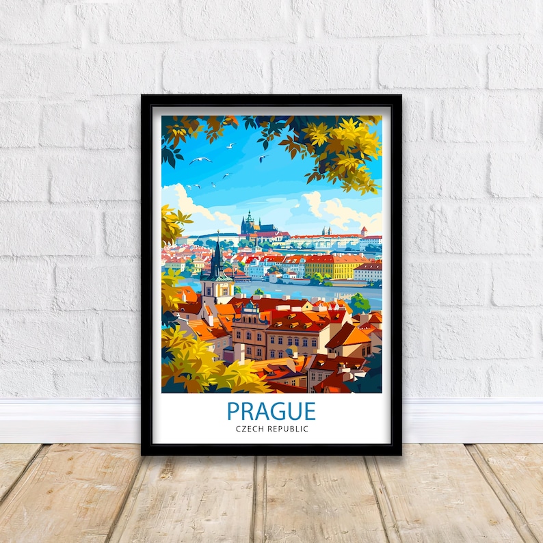 May include: A colorful illustration of Prague, Czech Republic, with a view of the city skyline and the Vltava River. The image features a mix of red, orange, yellow, and green colors, with a blue sky and white clouds. The text "Prague" and "Czech Republic" is displayed at the bottom of the image.