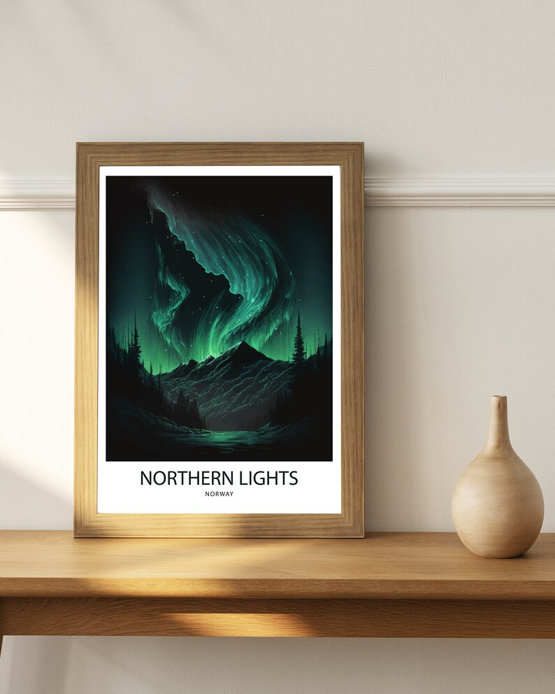 May include: A framed poster with a dark green background featuring a vibrant green aurora borealis over a mountain range and a lake. The text "NORTHERN LIGHTS" and "NORWAY" is printed below the image.