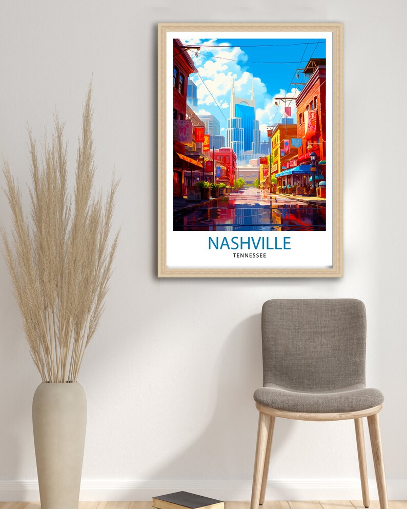 May include: A colorful illustration of a street scene in Nashville, Tennessee. The illustration features a tall building with a pointed roof, a street lined with shops and buildings, and a blue sky with white clouds. The text "NASHVILLE" and "TENNESSEE" is printed at the bottom of the illustration.