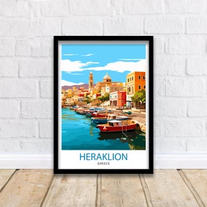 May include: A colorful illustration of a harbor scene in Heraklion, Greece. The image features a row of colorful boats docked in a blue harbor with a cityscape in the background. The text "HERAKLION GREECE" is at the bottom of the image.
