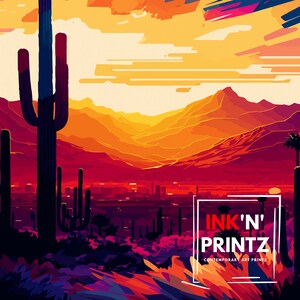 May include: A digital art print depicting a desert landscape with a mountain range in the background. The print is in a vibrant colour palette of orange, red, and yellow. The text "INK'N' PRINTZ CONTEMPORARY ART PRINTS" is in the bottom right corner of the print.