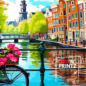 May include: A colorful painting of a canal scene in Amsterdam, Netherlands. The painting features a bridge, a canal, buildings, trees, and a bicycle. The text "INK'N' PRINTZ TRAVEL ART PRINTS" is in the lower right corner of the painting.