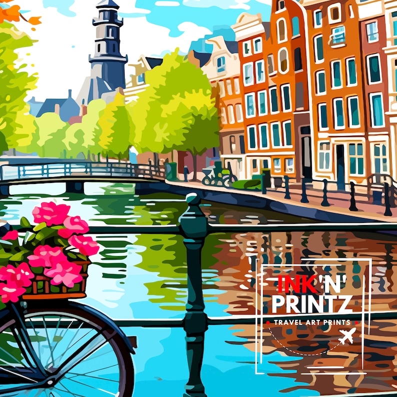 May include: A colorful painting of a canal scene in Amsterdam, Netherlands. The painting features a bridge, a canal, buildings, trees, and a bicycle. The text "INK'N' PRINTZ TRAVEL ART PRINTS" is in the lower right corner of the painting.