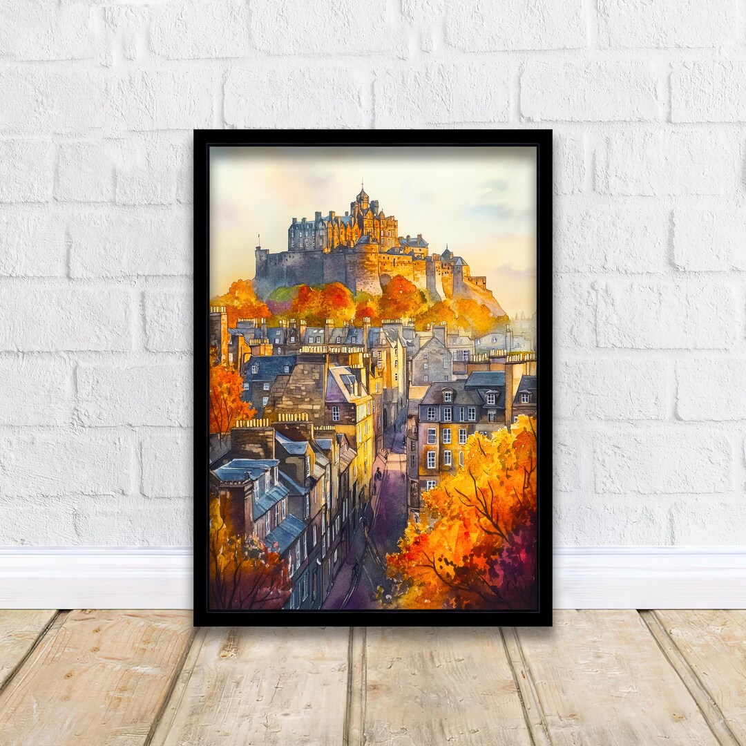 Edinburgh Watercolor Painting Poster Scotland Wall Art Castle Skyline ...