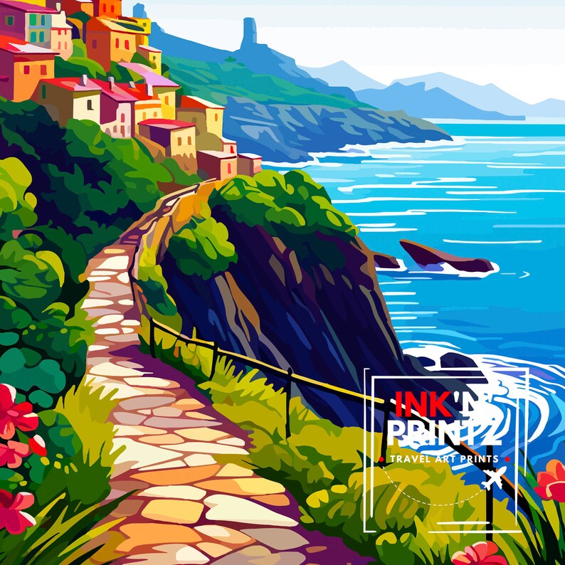 May include: A colorful illustration of a stone path winding through a lush green hillside overlooking a blue ocean. The path leads to a small village of colorful houses built into the hillside. The text "INK'N'PRINTZ TRAVEL ART PRINTS" is in the lower right corner of the image.