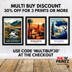 May include: Three framed travel posters with colorful illustrations of Lake District, Marrakesh, and Provence. The posters have black frames and white text with the location name and country. The text "MULTI BUY DISCOUNT 30% OFF FOR 3 PRINTS OR MORE" is at the top of the image. The text "USE CODE 'MULTIBUY30' AT THE CHECKOUT" is below the posters. The text "INK'N' PRINTZ TRAVEL ART PRINTS" is at the bottom of the image.