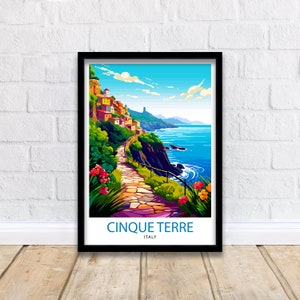 May include: A colorful illustration of a picturesque Italian village nestled on a cliffside overlooking the turquoise sea. A stone path winds through lush greenery, leading to the village. The text "Cinque Terre, Italy" is displayed at the bottom of the image.