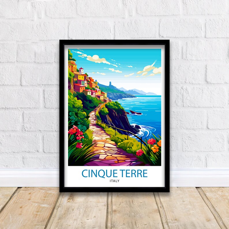 May include: A colorful illustration of a picturesque Italian village nestled on a cliffside overlooking the turquoise sea. A stone path winds through lush greenery, leading to the village. The text "Cinque Terre, Italy" is displayed at the bottom of the image.