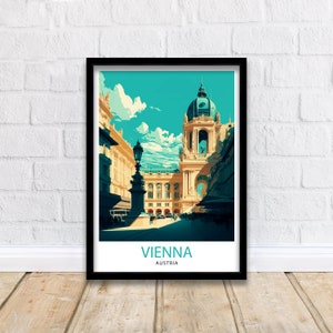 K&ouml;nnte beinhalten: Ein Vintage-Reiseposter mit einer farbenfrohen Illustration einer Stra&szlig;enszene in Wien, &Ouml;sterreich. Das Poster hat einen t&uuml;rkisfarbenen Hintergrund mit einem wei&szlig;en Geb&auml;ude und einer blauen Kuppel. Der Text "WIEN" und "&Ouml;STERREICH" ist in Wei&szlig; auf einem t&uuml;rkisfarbenen Balken am unteren Rand des Posters gedruckt.
