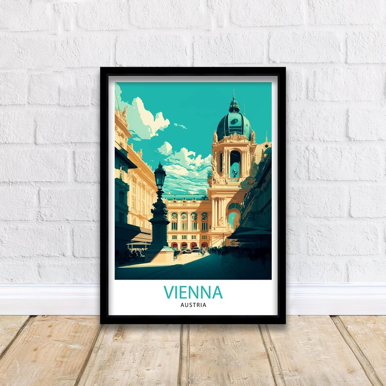 K&ouml;nnte beinhalten: Ein Vintage-Reiseposter mit einer farbenfrohen Illustration einer Stra&szlig;enszene in Wien, &Ouml;sterreich. Das Poster hat einen t&uuml;rkisfarbenen Hintergrund mit einem wei&szlig;en Geb&auml;ude und einer blauen Kuppel. Der Text "WIEN" und "&Ouml;STERREICH" ist in Wei&szlig; auf einem t&uuml;rkisfarbenen Balken am unteren Rand des Posters gedruckt.