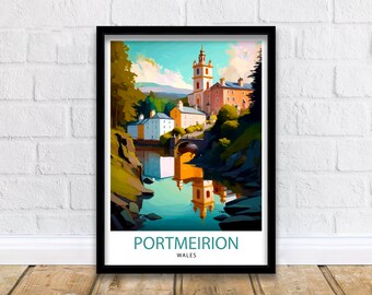 Impresión de viaje de Portmeirion, Gales, decoración de pared de Portmeirion, decoración del hogar de Portmeirion, ilustración de Portmeirion, póster de viaje, regalo