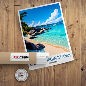 May include: A colorful illustration of a tropical island scene with a sailboat in the turquoise water. The text "Virgin Islands, Caribbean" is at the bottom of the image.