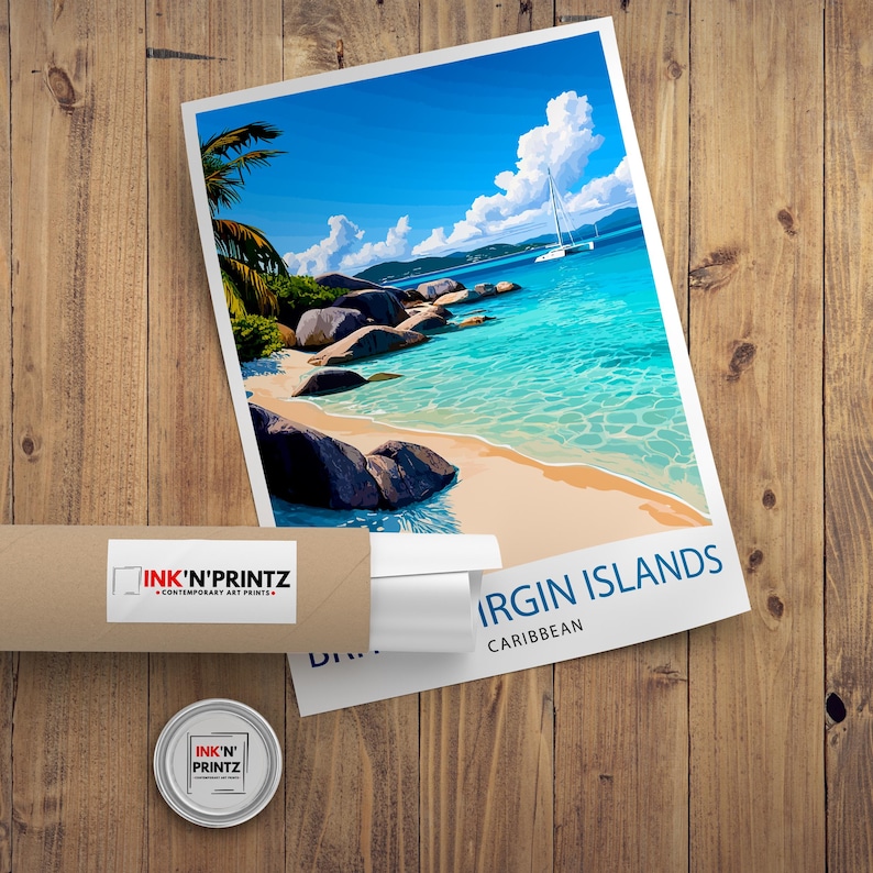 May include: A colorful illustration of a tropical island scene with a sailboat in the turquoise water. The text "Virgin Islands, Caribbean" is at the bottom of the image.