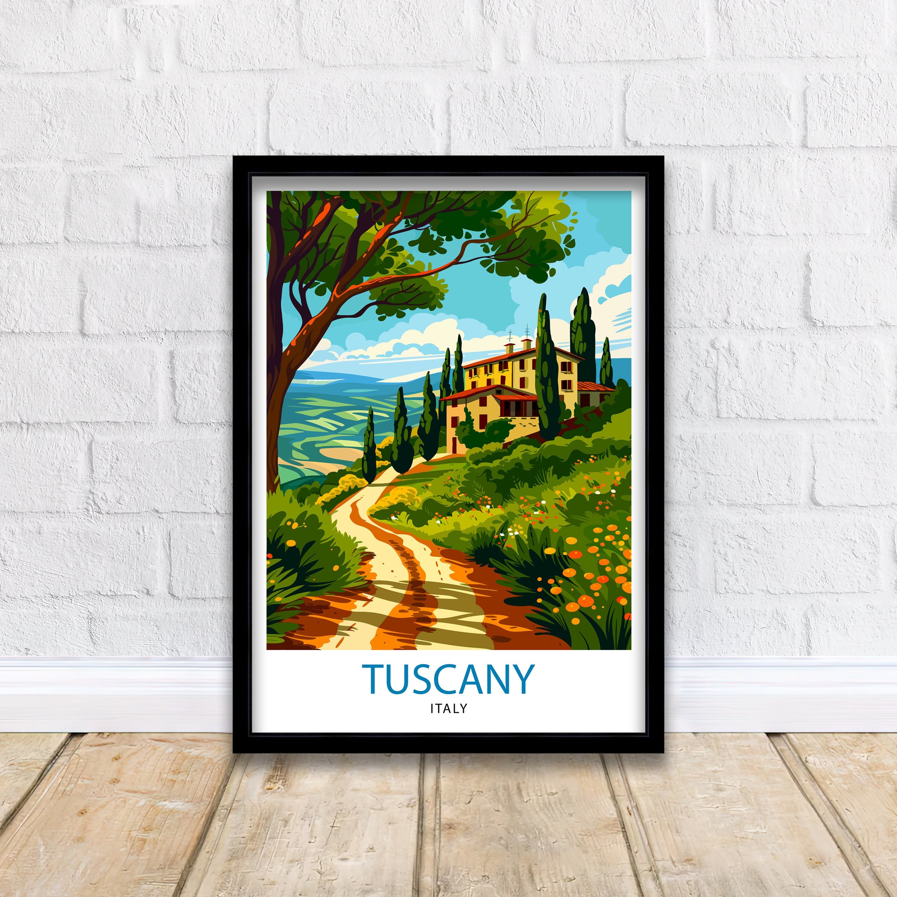 Tuscany Travel Poster Italian Countryside Art Rolling Hills and