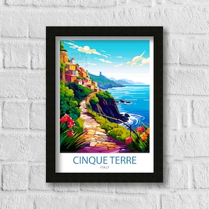 May include: A colorful illustration of Cinque Terre, Italy, featuring a winding stone path leading up a hillside with colorful buildings and a view of the ocean. The text "Cinque Terre" and "Italy" is printed below the image.