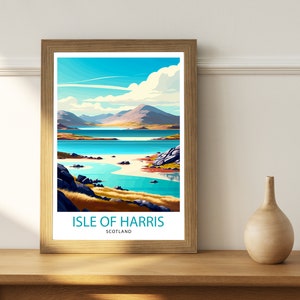 May include: A framed illustration of a scenic landscape with a blue body of water, a sandy beach, and mountains in the background. The text "ISLE OF HARRIS SCOTLAND" is printed below the image.