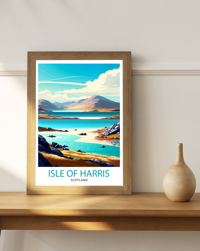 May include: A framed illustration of a scenic landscape with a blue body of water, a sandy beach, and mountains in the background. The text "ISLE OF HARRIS SCOTLAND" is printed below the image.
