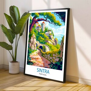 May include: A colorful illustration of a castle in Sintra, Portugal. The castle is perched on a cliff overlooking a lush green valley. The image is framed in black.