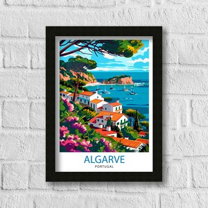 May include: A colorful illustration of a coastal town in Algarve, Portugal. White houses with red tile roofs are nestled among lush green trees and vibrant pink flowers. The town overlooks a blue bay with boats and a small island in the distance.