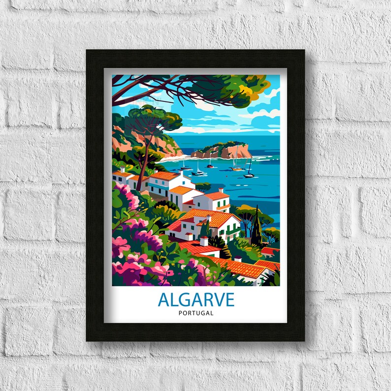 May include: A colorful illustration of a coastal town in Algarve, Portugal. White houses with red tile roofs are nestled among lush green trees and vibrant pink flowers. The town overlooks a blue bay with boats and a small island in the distance.