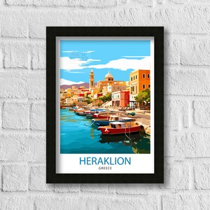 May include: A colorful illustration of a harbor scene in Heraklion, Greece. The image features a row of colorful boats docked in the harbor, with a cityscape in the background. The sky is blue with white clouds, and the water is a bright turquoise.