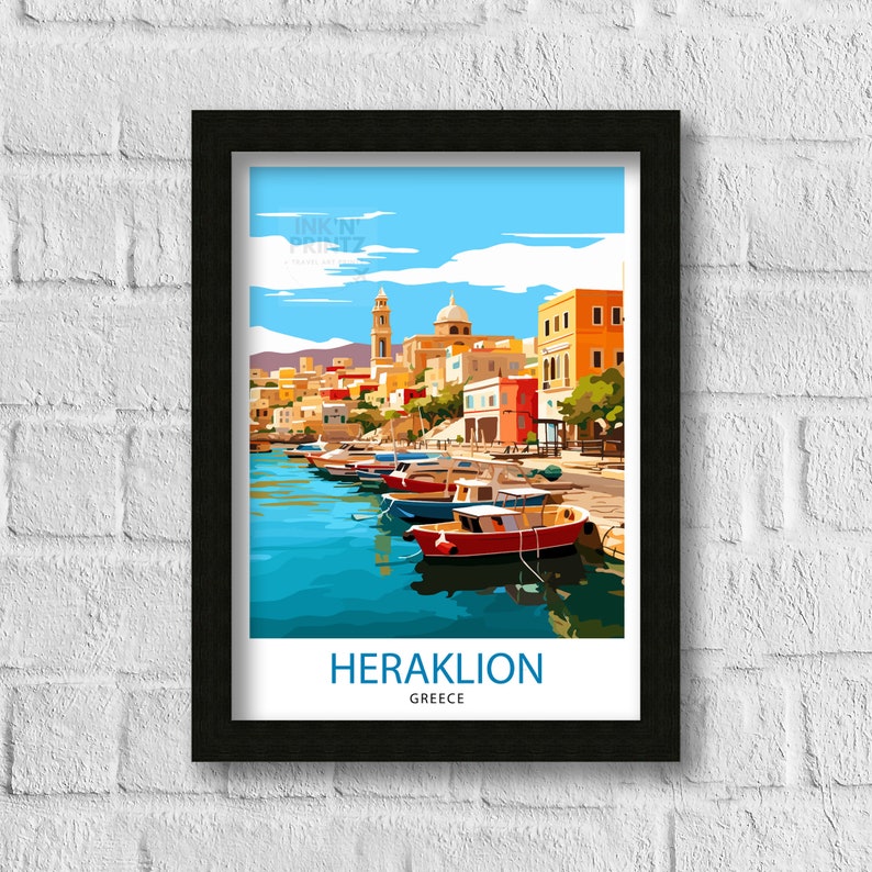 May include: A colorful illustration of a harbor scene in Heraklion, Greece. The image features a row of colorful boats docked in the harbor, with a cityscape in the background. The sky is blue with white clouds, and the water is a bright turquoise.
