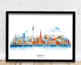 May include: A watercolor painting of the Berlin skyline, featuring the iconic TV Tower and other notable buildings. The painting is set against a white background with a blue sky and clouds. The text "BERLIN GERMANY" is written below the skyline.
