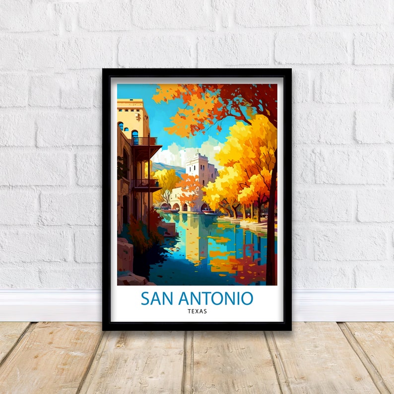 May include: A vintage travel poster featuring a colorful illustration of a river scene in San Antonio, Texas. The poster features a building with balconies, trees with yellow leaves, and a river with reflections of the buildings and trees. The text "SAN ANTONIO, TEXAS" is at the bottom of the poster.
