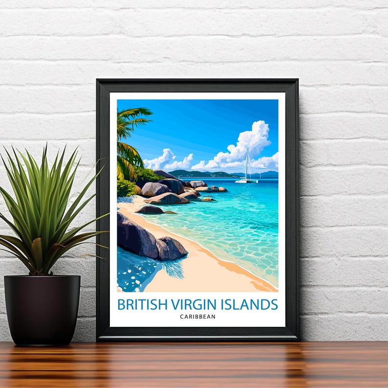 May include: A colorful illustration of a tropical beach scene with turquoise water, white sand, and large boulders. The text "BRITISH VIRGIN ISLANDS" and "CARIBBEAN" is at the bottom of the image.