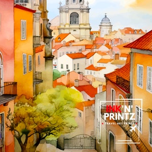 Puede incluir: Una pintura de acuarela de una ciudad con edificios coloridos y un &aacute;rbol verde en primer plano. El texto "INK'N' PRINTZ TRAVEL ART PRINTS" est&aacute; en la esquina inferior derecha de la imagen.