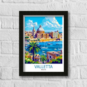 May include: A colorful illustration of Valletta, Malta, featuring a large church with a dome, a harbor with boats, and palm trees. The text "Valletta, Malta" is at the bottom of the image.