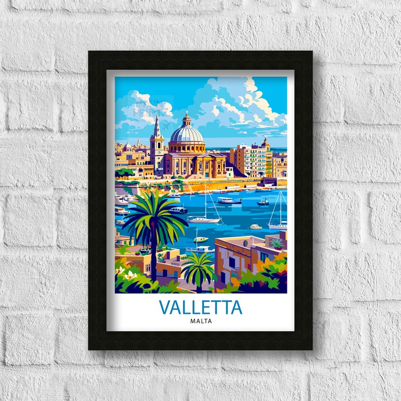 May include: A colorful illustration of Valletta, Malta, featuring a large church with a dome, a harbor with boats, and palm trees. The text "Valletta, Malta" is at the bottom of the image.