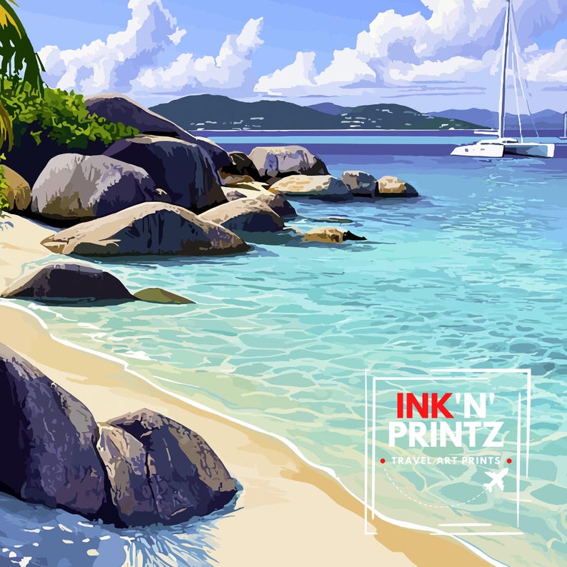 May include: A digital painting of a tropical island scene with large gray rocks on a white sandy beach. The water is a bright turquoise blue and a white sailboat is in the distance. The text "INK'N' PRINTZ TRAVEL ART PRINTS" is in the lower right corner of the image.