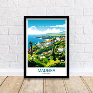 May include: A colourful illustration of a town on a hillside overlooking the ocean. The town is surrounded by lush green vegetation and the sky is blue with white clouds. The text "MADEIRA PORTUGAL" is at the bottom of the image.